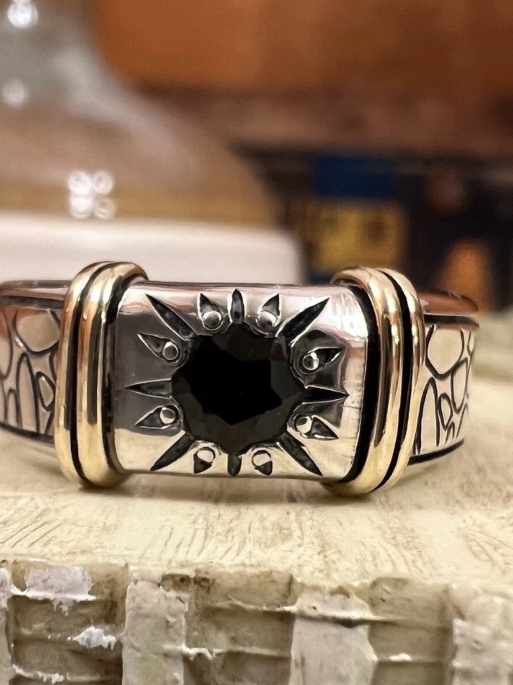 David & Ronnie Onyx Ring, Band Sterling 925/14K Sunburst Two-Tone, SIZE 7